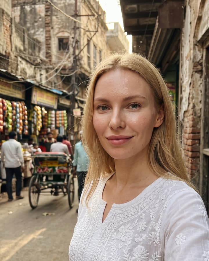 Anya, safed kurte mein, Delhi ki gali mein